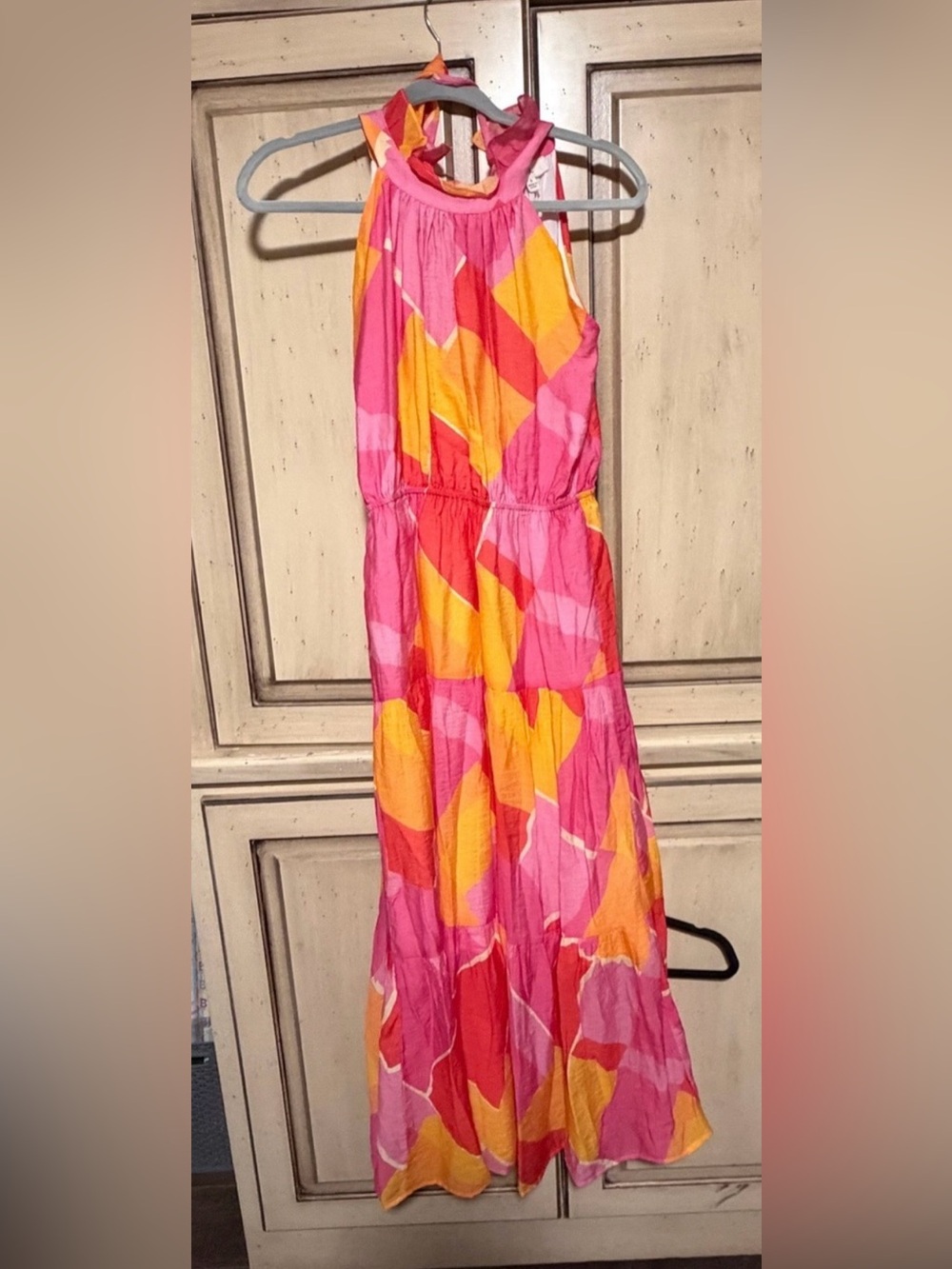 Sleeveless Pink & Yellow Printed Halter Maxi Dress